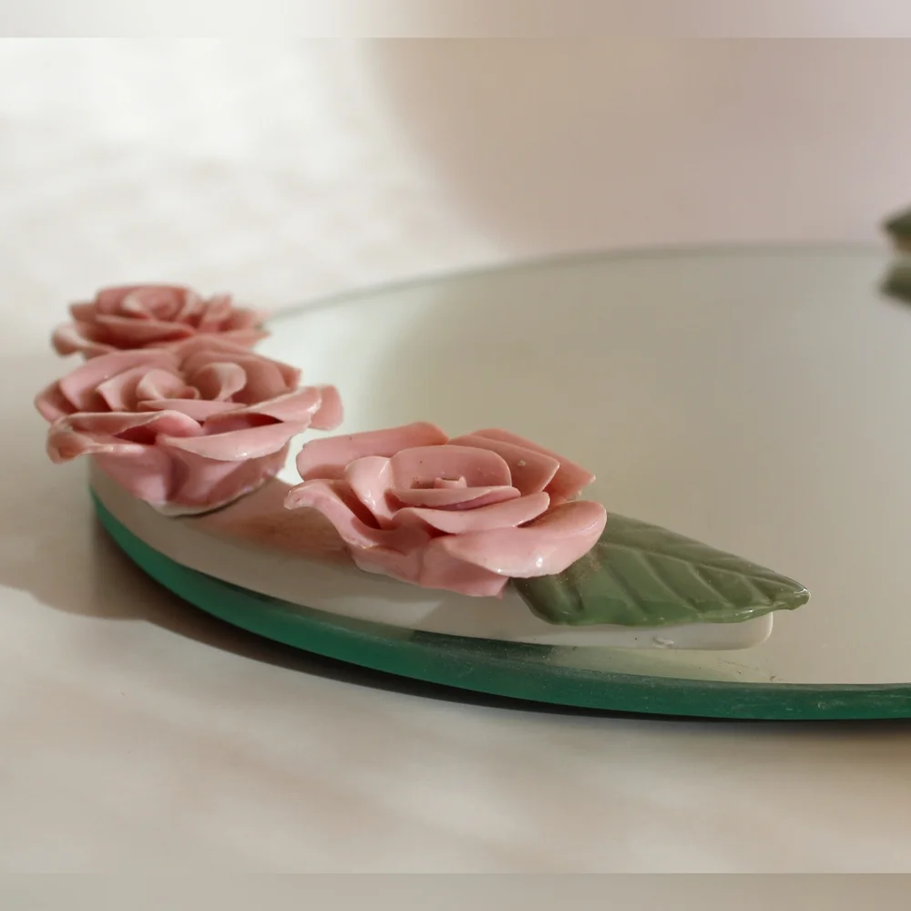 Vintage Pink Rose Decorative Tray with Green Leaves